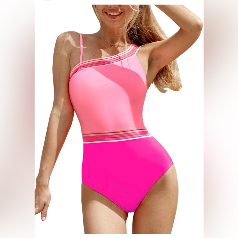 🌴-6 Pink one shoulder swimsuit